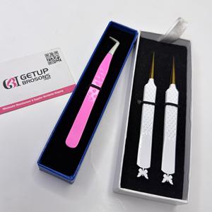 Pince à épiler professionnelle pour extensions de cils, qualité supérieure, volume russe, revêtement blanc et rose, pointe dorée, acier inoxydable droit. - Product Image 3