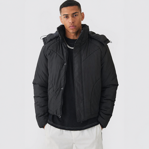 Unisex Plus Size Black Hooded Puffer Jacket Windproof Thick Nylon Winter <b>Coat</b> Casual Zipper Closure Solid Color Quilted Jacket - Product Image 1