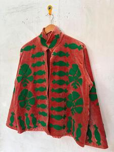 Luxury Artisan Rose Madder <b>Velvet</b> Embroidered <b>Jacket</b> with Green Floral Pattern Full Sleeve Stand Collar Handmade Winter Coat - Product Image 3
