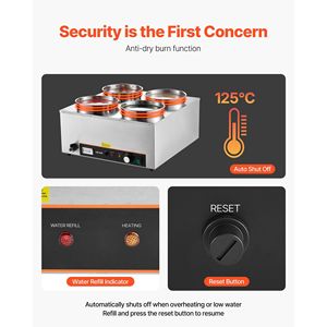 Scaldavivande Elettrico Commerciale Bain Marie da 1500W con 4 Pentole in Acciaio Inox da 6,34QT, Temperatura Regolabile 86~185°C, Attrezzatura per Mantenimento Calore - Product Image 5