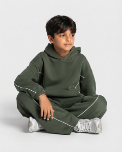 Sweat-shirt à capuche décontracté surdimensionné pour garçon, personnalisé, vert kaki avec lignes contrastées, en polaire premium, modèle OEM - Product Image 6