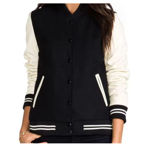 Chaqueta Varsity Unisex Negra y Crema con Bloques de Color, Cierre de Botones, Estilo Preppy, Corte Regular, para Otoño - Product Image 1