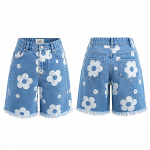 Shorts Bermuda en jean pour femme à taille haute, imprimé floral, avec ourlet effiloché, style décontracté - Product Image 1