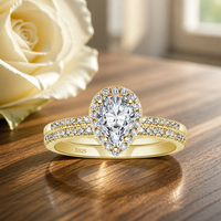 Ensemble de bagues de luxe en argent S925 plaqué or 18 carats avec zircon taille poire 6x9 et zircone goutte d'eau pour fiançailles - Vente en gros