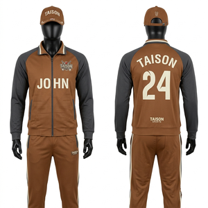 Ensemble d'entraînement de cricket pour hommes, 300 GSM, polyester interlock, rose, marine, panneaux latéraux dorés, logo d'équipe personnalisé par sublimation, survêtement - Product Image 2