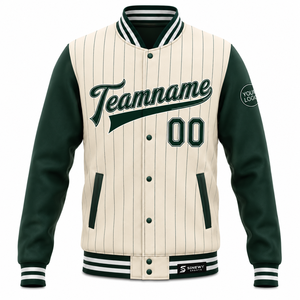 SINEWY SPORTS <b>Men's</b> Pinstripe Varsity <b>Jacket</b> Custom Name Number Green Cream <b>Baseball</b> Style Sporty Outerwear Autumn Wear - Product Image 2