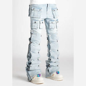Men's <b>Jeans</b> Custom Fashionable Zipper Multi pockets with metal <b>buttons</b> washed 14 oz baggy <b>jeans</b> streetwear style for men - Product Image 3