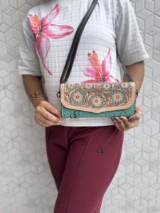 High Quality Hand <b>Tooled</b> Carving <b>Leather</b> Clutch Stylish Turquoise Colour Multi Uses Western Women's Cross Body Wallets Daily Use - Product Image 5