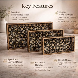 Ensemble de plateaux en bois MDF Rehman Craft, 3 plateaux noirs et dorés, imprimé floral moderne, finition brillante, plateaux à café imbriqués, plateaux de service pour mariage - Product Image 6