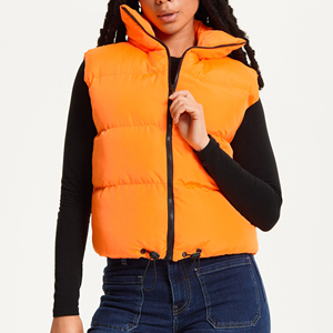 Gilet matelassé orange avec col montant, fermeture éclair, coupe-vent, vêtement d'extérieur décontracté pour l'hiver, couleur unie, coupe classique, unisexe - Product Image 1