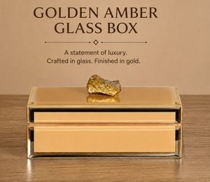 Golden Amber Glass Jewelry Storage Box with <b>Gold</b> Finished Natural Stone Handle Glossy Finish Decorative Keepsake Organizer - Product Image 5