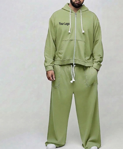 Conjunto Deportivo Unisex de Talla Grande, Color Verde Oliva, con Capucha, de Poliéster/Algodón, Estilo Urbano, para Invierno, con Cordón Ajustable, Corte Regular, Color Sólido - Product Image 1