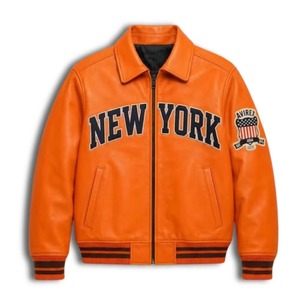 Chaqueta de Cuero Naranja de los New York Knicks para Hombre, Estilo Urbano, Chaqueta Bomber Universitaria, Ropa Deportiva Premium del Equipo de Baloncesto - Product Image 1