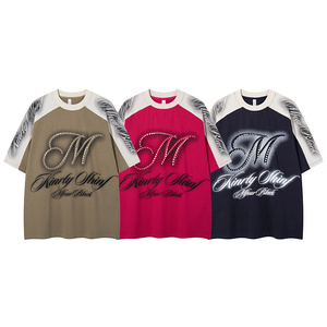 Camiseta Vintage Colorblock Raglan para <span class=keywords><strong>Hombre</strong></span>, Algodón Grueso de Alta Calidad, Gráfico de Letras con Pedrería, Corte Holgado - Product Image 1