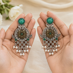 Oxidized Silver Bezel Setting Floral Ethnic Drop Earrings Boho Women's Party Jewelry - Product Image 2