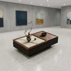Modern Lift Top Coffee <b>Table</b> with <b>Marble</b> and Wood Finish Storage Base for Living Room Office Lounge and Home Decor - Product Image 4