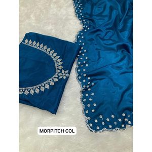 Sari en chinon de designer avec travail de diamants Jarkan véritable, avec blouse non cousue MOREPEACH - Product Image 1