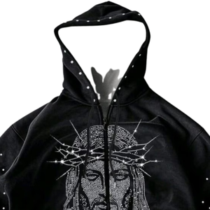 Sudadera con Capucha Personalizada con Pedrería de Jesús – Sudadera Religiosa Negra con Cristales Brillantes y Diseño de Corona, Sudadera de Lujo Estilo Urbano, Unisex - Product Image 4
