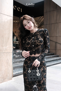 Conjunto de blusa y falda femenina elegante para mujer Coshe, diseño de encaje de manga larga, ropa de fiesta diaria romántica, tela de gasa de estilo dulce - Product Image 4