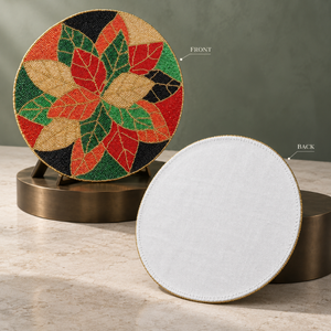 Multi Color Botanical Leaf Glass Beaded <b>Round</b> Modern Handmade <b>Placemat</b> with Red Green <b>Gold</b> Design | Luxury Dining Decor - Product Image 4