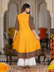 Kurta Anarkali pour femmes en coton moutarde à imprimé géométrique zig-zag, col, manches trois-quarts, été, séchage rapide, matériaux recyclés - Product Image 6