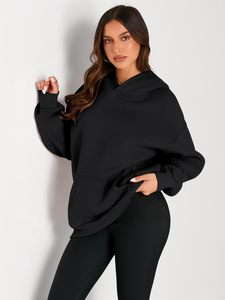 Sweat à capuche oversize en polaire pour femme, noir uni, coupe classique, manches longues, décontracté, hiver, avec badge sur le devant - Product Image 2
