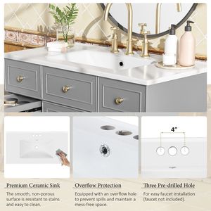 36-Inch Solid Wood <b>Bathroom</b> <b>Vanity</b> with Soft Close Doors Adjustable Shelves 3 Drawers & Double Ceramic Sink Grey - Product Image 6