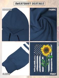 <b>Women's</b> <b>Navy</b> Blue Hooded Sweatshirt With Sunflower And American Flag Print Full Sleeve Casual Pullover With Pockets - Product Image 5