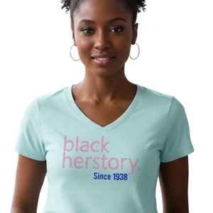 Camiseta negra HerStory 1938 con cuello en V para mujer, camiseta con gráfico inspirador, camiseta informal con estampado personalizado, mezcla de algodón, Top de moda - Product Image 5