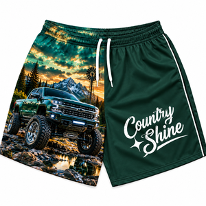 Shorts pour hommes Country Shine avec logo imprimé sur le devant, motif camion et montagne bleu, séchage rapide, cordon de serrage, décontracté, sport - Product Image 5