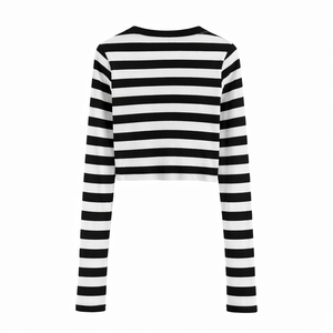 Custom women black white stripe <b>crop</b> T Shirt long sleeve lightweight soft cotton summer t shirt fashionable stylish <b>top</b> - Product Image 2