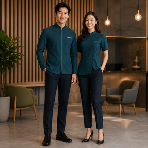 Ensemble uniforme col mandarin bleu sarcelle avec pantalon marine en coton respirant unisexe pour adultes - Product Image 5
