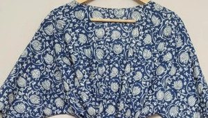 Handcrafted Indigo Blue Floral Block Print Cotton <b>Kaftan</b> Dress with Adjustable Drawstring Flattering V-neckline <b>Long</b> Maxi Gown - Product Image 1