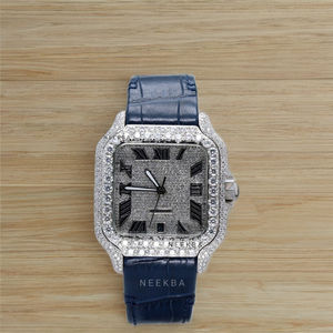 Montre de luxe en moissanite avec bracelet en cuir véritable-Montre scintillante hip-hop faite à la main, sertie à la main par des artisans indiens qualifiés - Product Image 1