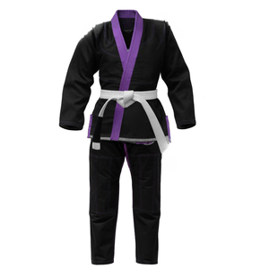 Kimono de BJJ Negro con Ribete Morado y Cinturón Blanco para Adultos Unisex, Corte Regular, Ropa de Artes Marciales de Poliéster Resistente - Product Image 1
