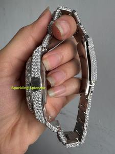 Montre de luxe artisanale en acier inoxydable, cadran romain entièrement serti de moissanite argentée, avec fenêtre en verre, 20 mm - Product Image 5