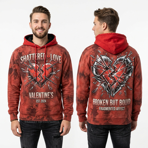 Sweat à capuche personnalisé rouge délavé à l'acide pour homme, motif cœur brisé, streetwear déchiré, molleton épais, fournisseur - Product Image 1