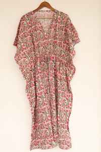 <b>Women</b> Pink Floral Cotton <b>Kaftan</b> <b>Dress</b> Boho Summer Maxi Beach Cover Up - Product Image 5