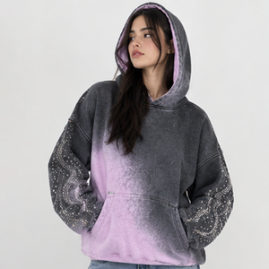 เสื้อฮู้ดดี้โอเวอร์ไซส์แบบสั่งทำพิเศษ ล้างสีแบบแอซิดวอช สีไลเวอร์นิลไล่เฉดดำ แขนประดับคริสตัล สไตล์ Y2K ฮิปฮอป สตรีทแวร์ มีกระเป๋าจิงโจ้ - Product Image 2