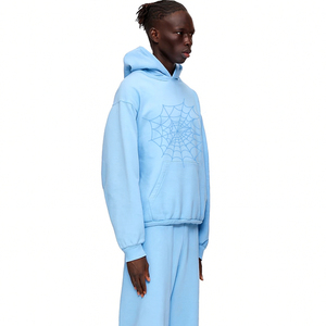 Sudadera con capucha de punto con cremallera 100% algodón azul claro, estampado de telaraña, moda de invierno, técnica lavada, impermeable y transpirable - Product Image 2