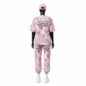 Ensemble deux pièces pour femmes, t-shirt en coton et polyester de haute qualité, 180 GSM, léger, imprimé graphique rose, logo personnalisé, ensembles pour femmes - Product Image 2