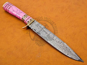 Nouvelle édition personnalisable, couteau de chasse Bowie en acier Damas de 13 pouces, manche en laiton avec pierre rose, lame fixe, couteau de camping, couteau de survie - Product Image 4