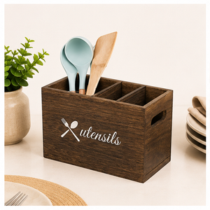 Rustic Burnt Wooden Cutlery Holder With 3 Compartments Sustainable Farmhouse <b>Kitchen</b> Utensil Organizer <b>Caddy</b> For Countertop - Product Image 6