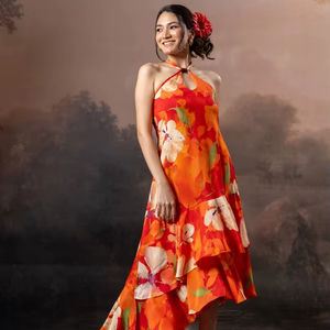 Hermoso y Cómodo Vestido Midi Formal de Verano para Mujer, Estampado Floral, Escote Bajo, Sin Mangas, Tirantes Finos, Estilo Dulce, Espalda Descubierta, Cintura Natural - Product Image 1