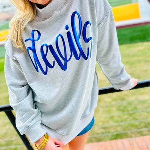 Devils College University <b>Mock</b> <b>Neck</b> Sweatshirt Custom Embroidery Letter Chenille Tackle Twill Cotton Fleece - Product Image 1