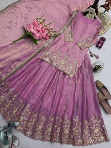 Premium Lavender Tissue Silk Kurta Lehenga Set Heavy Zari Embroidered Short <b>Kurti</b> with Flared Skirt Indian Pakistani Wedding Wea - Product Image 5