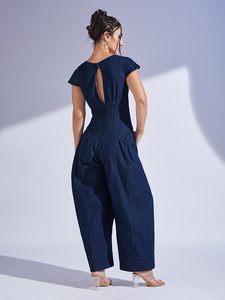 Mono vaquero azul marino liso para mujer, estilo dhoti, sin mangas, con cuello redondo, lavado, con pliegues, hasta la rodilla, ideal para verano. - Product Image 3