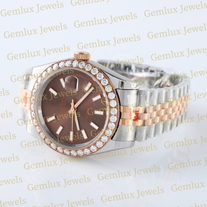 Top Qualité Auto Date Brun Cadran Lunette Diamant D VVS Moissanite Diamant Deux Tons En Acier Inoxydable Hip Hop Diamant Montre Pour Hommes - Product Image 3