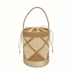 Bolso tipo cubo tejido a crochet con diseño de diamantes, personalizado, con cordón, estilo paja, bicolor, pequeño, para llevar en la mano - Product Image 1