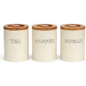 Modern Matte White Metal Kitchen Canister Set Of 3 With Airtight Bamboo Lids Embossed Tea Coffee Sugar Food Storage <b>Jars</b> - Product Image 2
